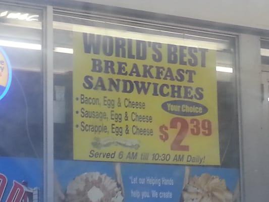 From 6am-10:30am $2.39 breakfast sandwiches