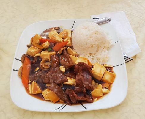 Tofu beef rice plate $12.95