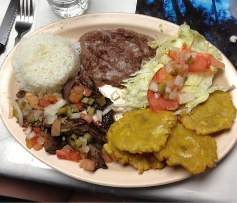 Beef, plantains, rice. Mushy beans. Not my fave