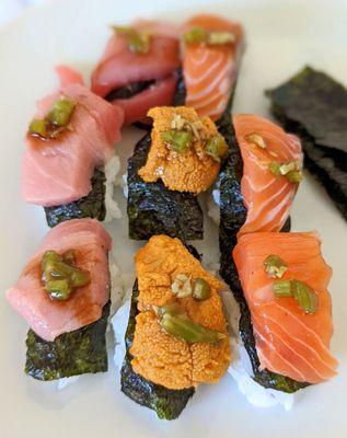 Medium tuna, uni, salmon made into nigiri at home, all from Osaka marketplace