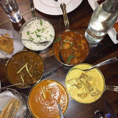 Murgh Vindaloo, Tikka Murgh Tikka Butter Masala, Goat (something chef special), & yellow one is almond based curry