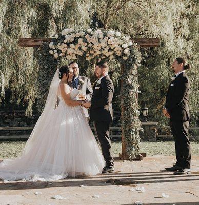 Modern wedding, flower gazebo, Torrance florist, wedding arch, eucalyptus and white flowers