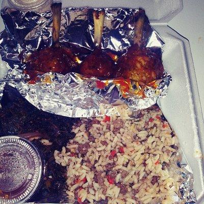 Bbq Chicken Lollipops, Dirty Rice Sauteed Collard Greens