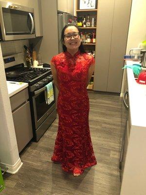 Had this dress brought in to be taken in on the sides and the tailor did a wonderful job! Only took him one week!