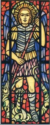 Stained glass window of the archangel Saint Michael in Saint Michael & All Angels Episcopal Church in Corona del Mar.