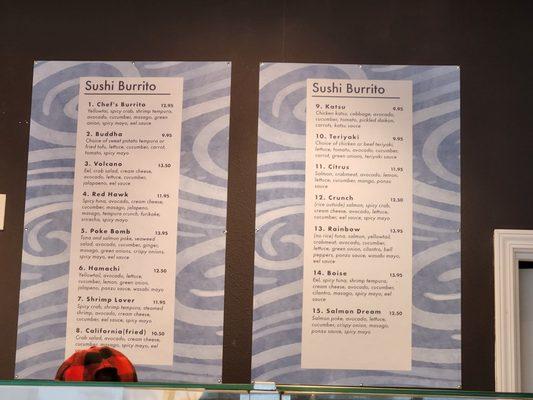 Menu of sushi burritos