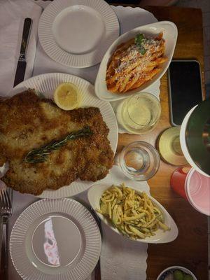 Cotoletta, Pasta Pomodoro and Fritte zucchini