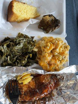 Crabmeat Stuffed Salmon, Collard Greens, Grandma's Mac & Cheese, Corn Bread and a stolen piece of Curried Goat that my mom ordered.