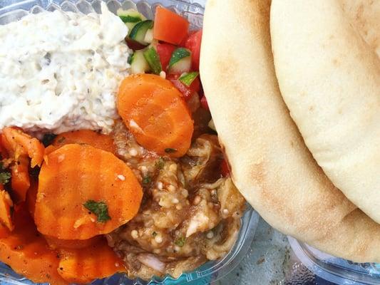 Salad sampler to go. Choose 4 salads. $6.99 This is eggplant, spiced carrots, baba ganoush, and Israeli served with giant pita