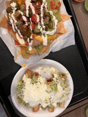 Cabeza nachos and chicken flautas