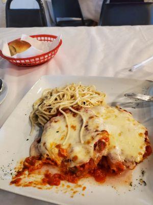 Veal Parmigiana with noodles and garlic-infused oil. It smelled so good, I took a bite before I took the picture (oops)!