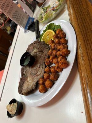 Prime rib with sweet potater tots