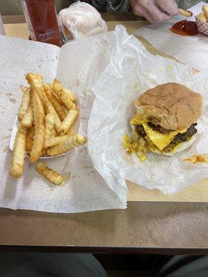 Bacon double cheeseburger ATW with crispy, steaming hot fries