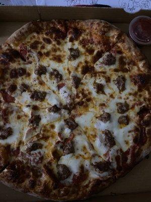 Large 1 topping special with pepperoni added sausage and extra cheese !!! Great value and delicious!!!