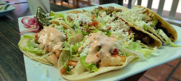 Nothing like a huge plate of tacos. All variety. The 2 in the front with crema are  shrimp