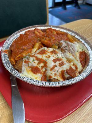 Chicken Parmigiana over Pasta