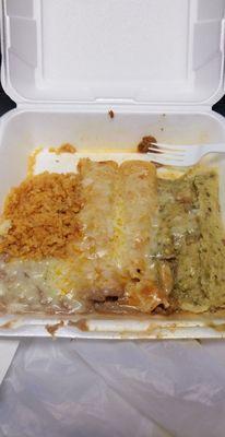 Grilled pork enchiladas, chicken tamale, refried beans and rice to go