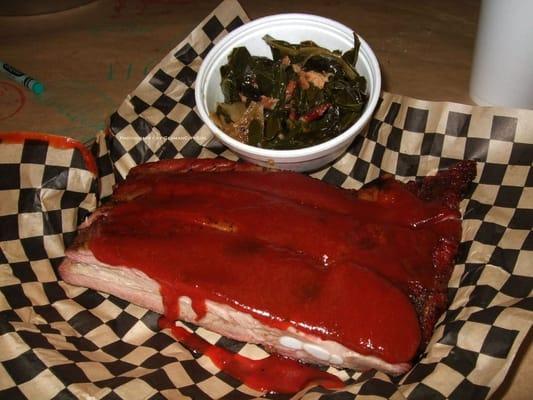 Slow smoked ribs with collard greens.