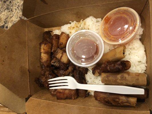 Pork belly BBQ with rice and lumpia