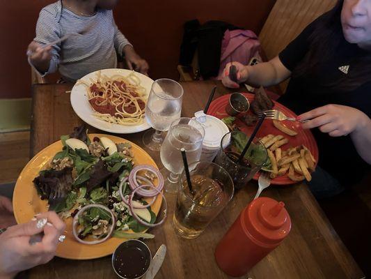 Cranberry salad, kids pasta, steak frites