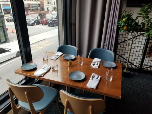 Balcony seating near window overlooking Weybosset St.