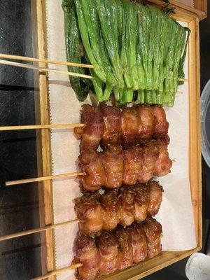 Bacon wrapped enoki and chives