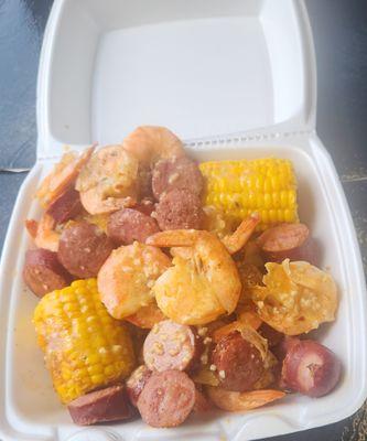 Shrimp Sausage Corn with butter garlic sauce