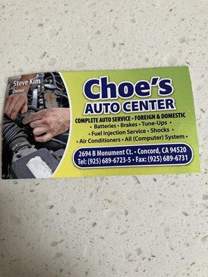 Business card for Choes Auto Center.