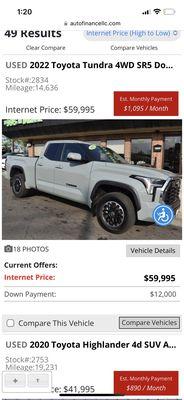 Website price of vehicle