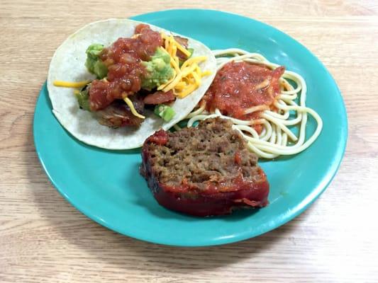 Grilled Chicken Fajita with Guac, Spaghetti, and Meat Loaf