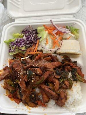 Spicy chicken BBQ rice plate with side salad $22.99