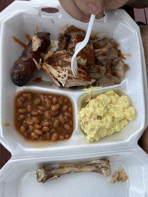 Brisket, chicken, sausage plate with beans and potato salad