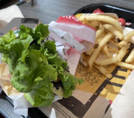 Jalapeño double cheeseburger lettuce wrapped. Small order fries