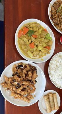 Honey walnut chicken ,lumpia,chicken curry,Lomein