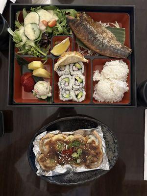 Mackerel bento box lunch special and lion king roll