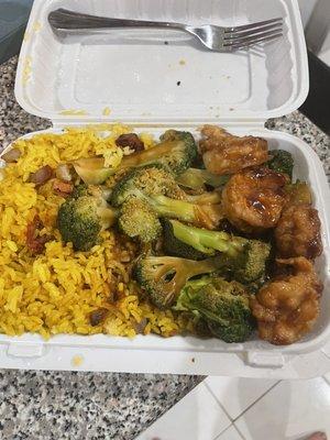 Shrimp and broccoli with pork fried rice