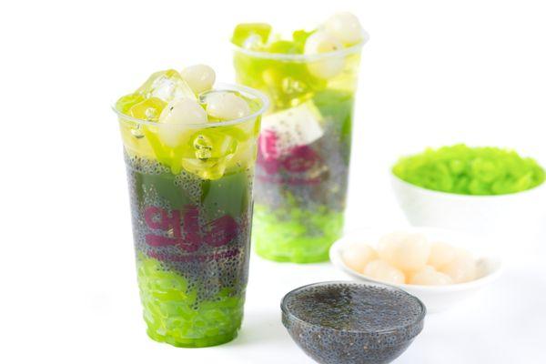 #24. Tropical young coconut water, soft pandan jelly, longan, basil seeds, young coconut meat, pandan jello.