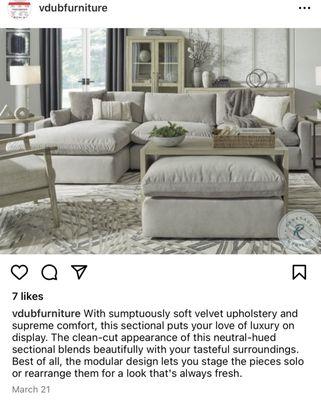 This is the gray sectional they are advertising on their Instagram and have in their showroom. We wanted white!