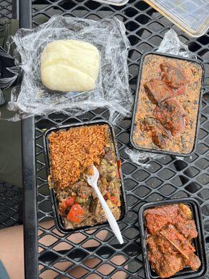 Peppered goat, fufu, jollof, suya, and stewed turkey