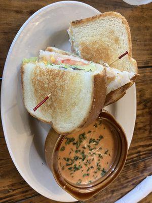 Turkey and cheddar sandwich. Tomato basil soup