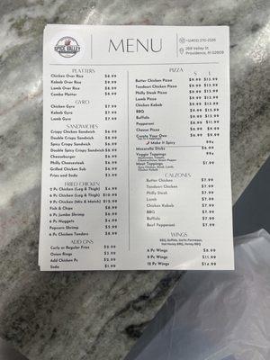 spice Valley Menu