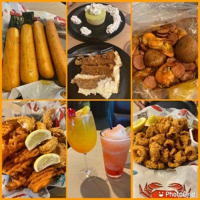 Shrimp with sweet potato fries, garlic bread sticks, calamari, seafood boil, key lime cheesecake and carrot cake and sangria and margarita.