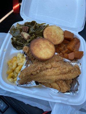 Catfish Fillet Dinner Homemade Mac and cheese Yams Regular Greens Extra muffin