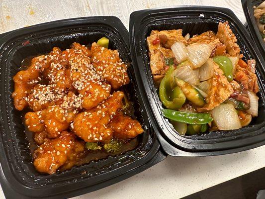 Sesame chicken (medium spicy) left Tahu XO Sauce with Tofu (right)