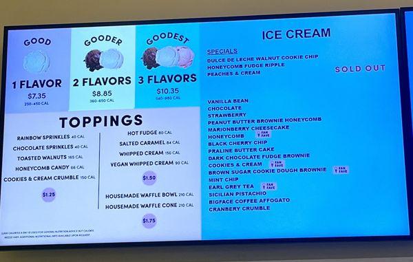 Ice cream menu