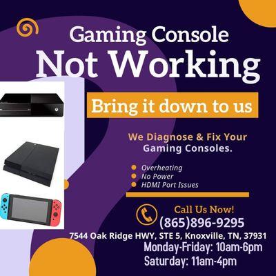 Is your Playstation, Xbox, or Nintendo Switch not working? RJ Technology can you get back to gaming for the best prices in Knoxville!!!