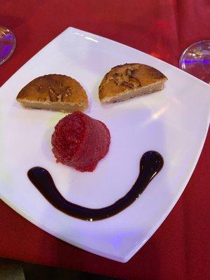 Dessert: rice cookie and raspberry sorbet