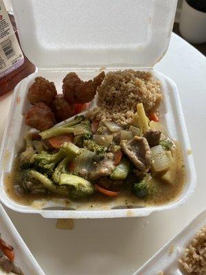 Beef broccoli with fried rice and a side of sweet and sour chicken.