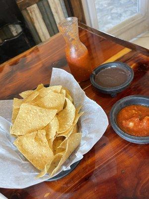 Chips and salsa with black bean purée very good