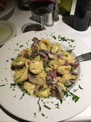 Tortellini with prosciutto peas and mushrooms in a cream sauce